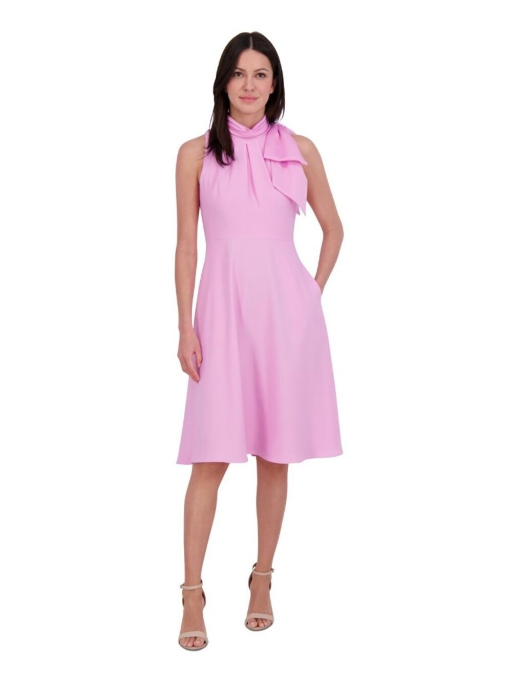 Eliza J Women Mock-Neck Bow-Trim Sleeveless Dress Side pocket Pink Size 10 $168